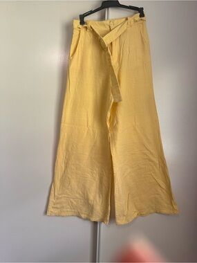 Lightweight Yellow Wide-Leg Linen Pants with Tie Belt 97% cotton